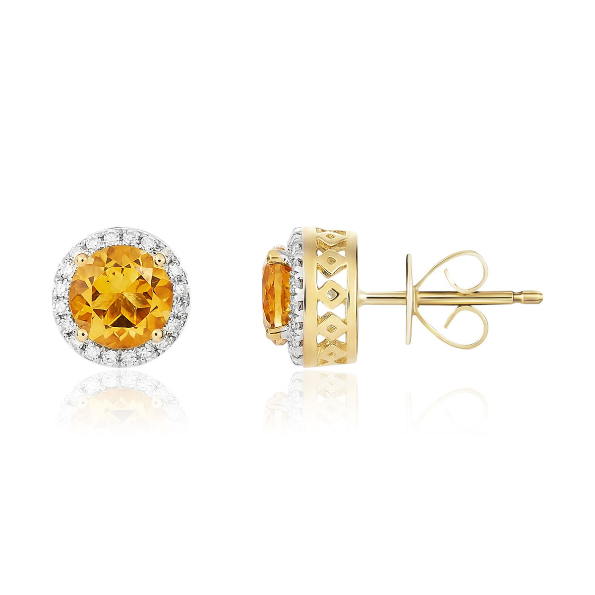 9CT YG 6MM ROUND CITRINE AND DIAMOND CLAW CLUSTER EARRINGS. RHODIUM TO DIAMONDS