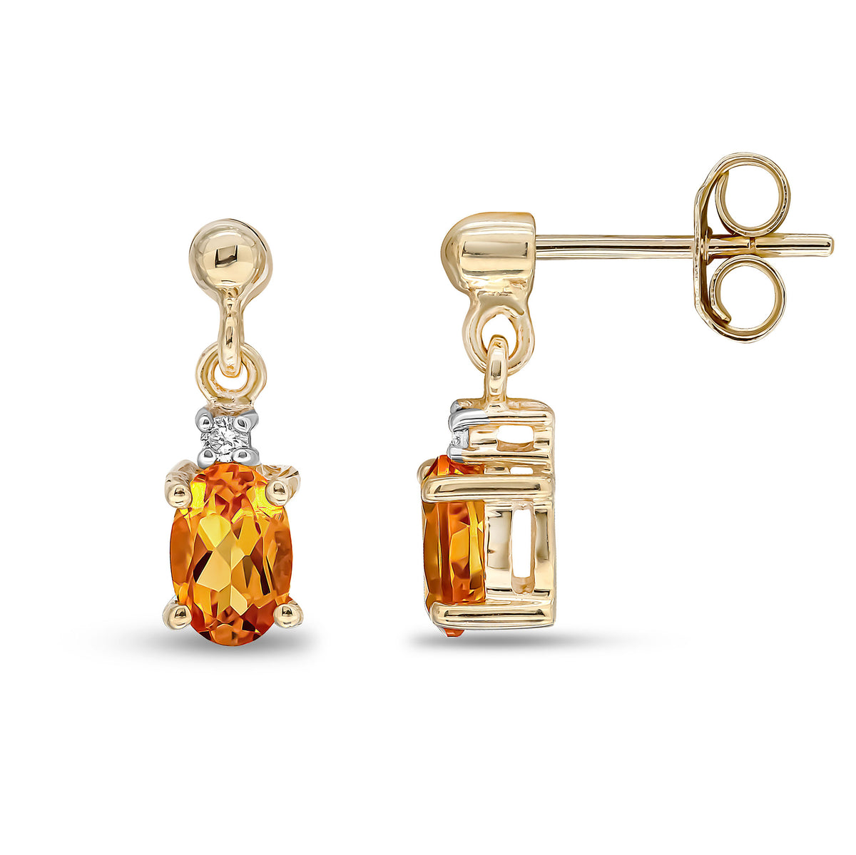 9CT YG OVAL CITRINE & DIAMOND CLAW SET 2 STONE DROP EARRINGS WITH BEAD STUD TOP