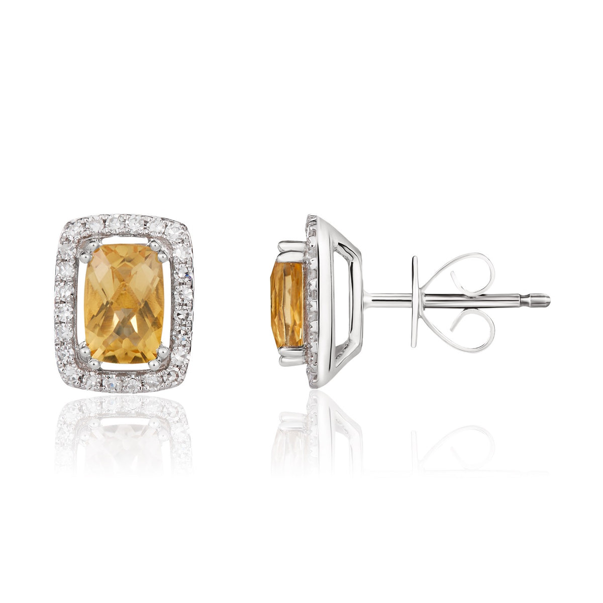 9WG CUSHION CITRINE & DIAMOND CLUSTER STUD EARRINGS