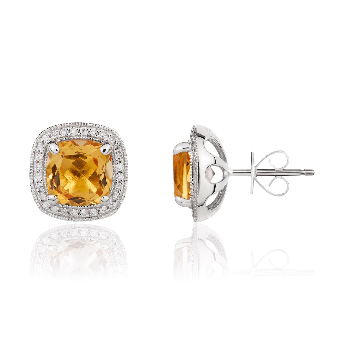 9CT WG 7MM CUSHION CITRINE AND DIAMOND CLUSTER EARRINGS WITH MILLEGRAIN EDGE