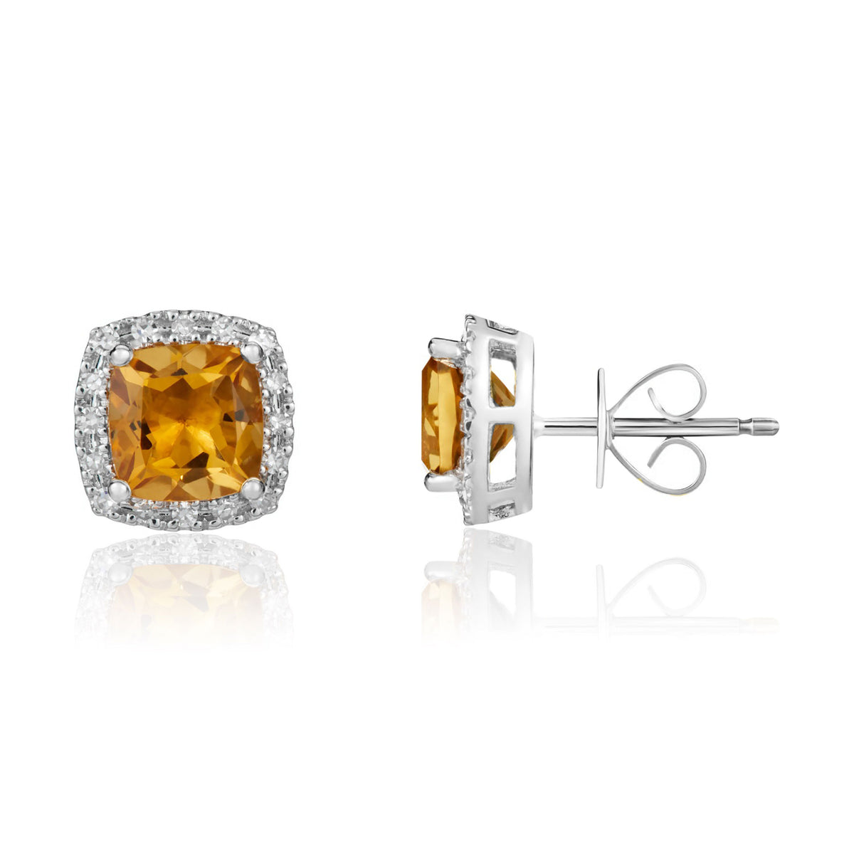 9CT WG 6MM CUSHION CITRINE & DIAMOND CLAW CLUSTER EARRINGS