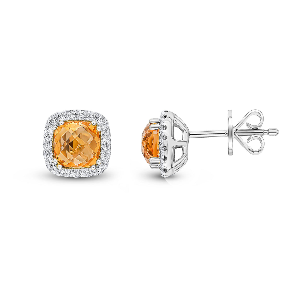9CT WG 5MM CHECKERBOARD CUT CUSHION CITRINE & DIAMOND CLUSTER STUD EARRINGS