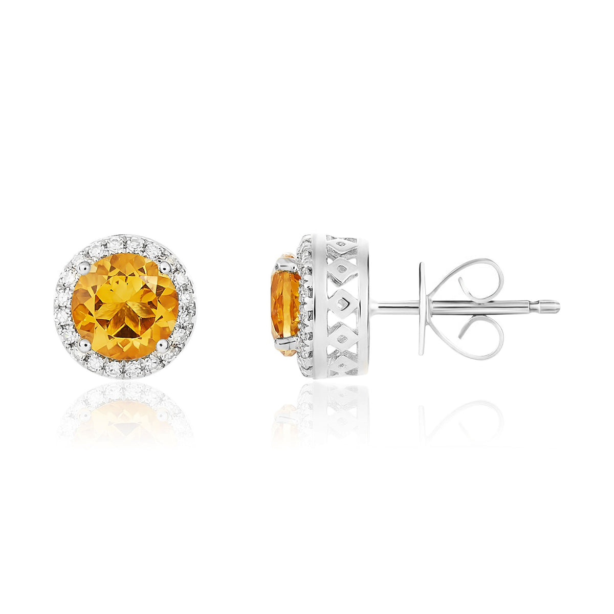 9CT WG 6MM ROUND CITRINE AND DIAMOND CLAW CLUSTER EARRINGS