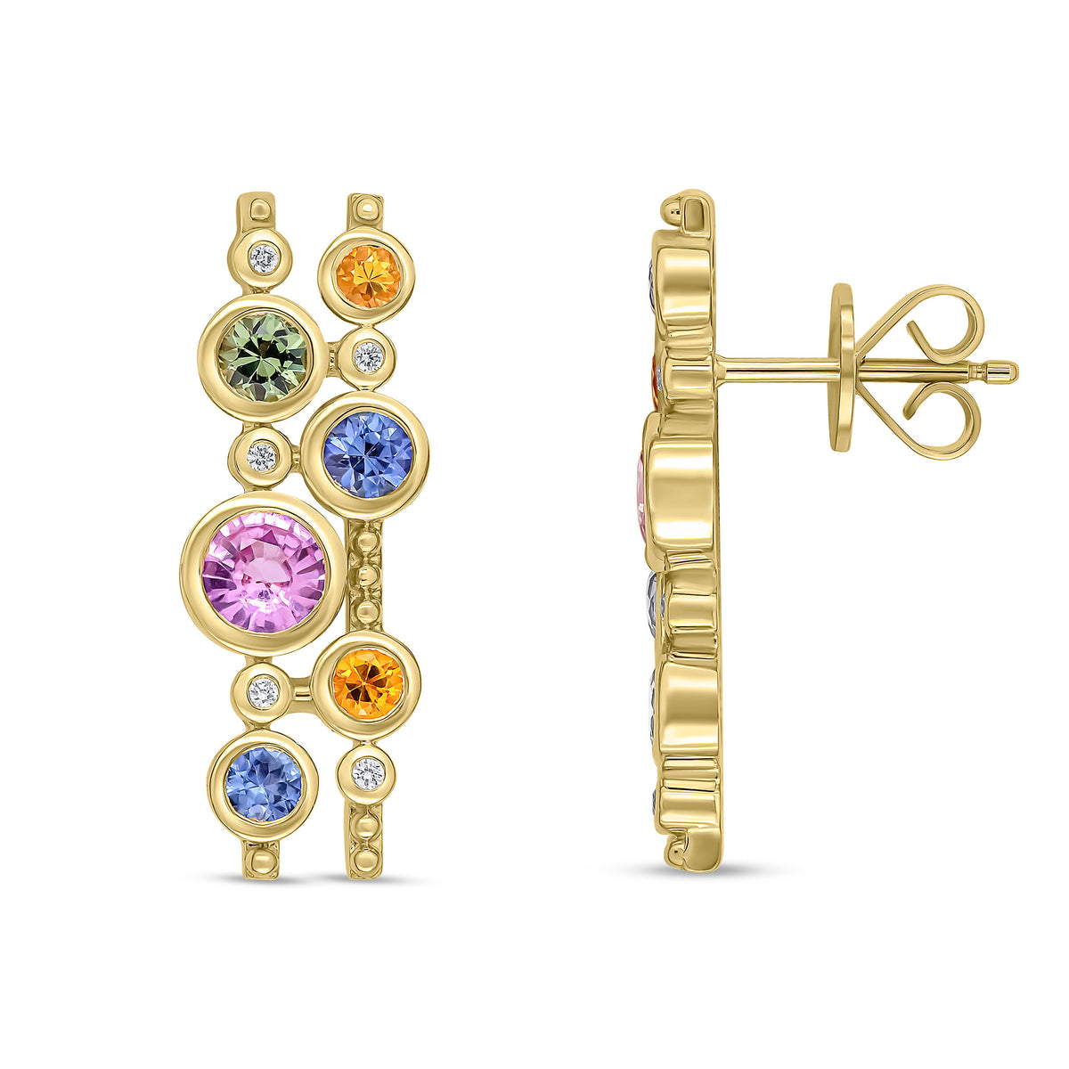 9CT YG MULTI SAPPHIRE & DIAMOND 2 ROW BUBBLE EARRINGS