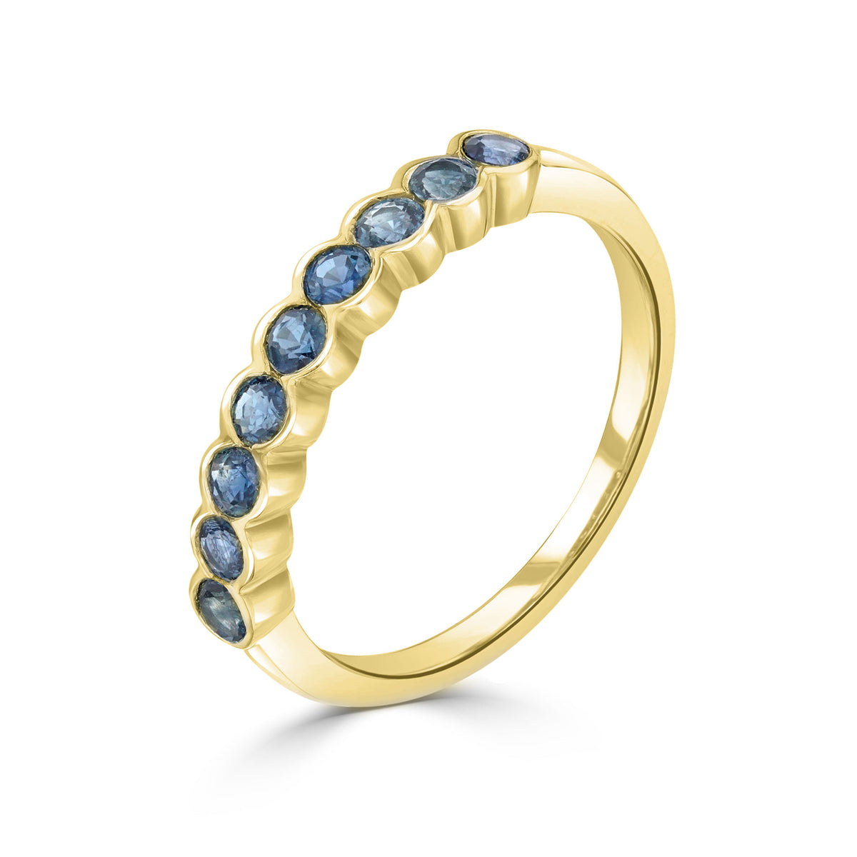 9CT YG ROUND SAPPHIRE 9ST SCALLOPED 1/2 ETERNITY RING