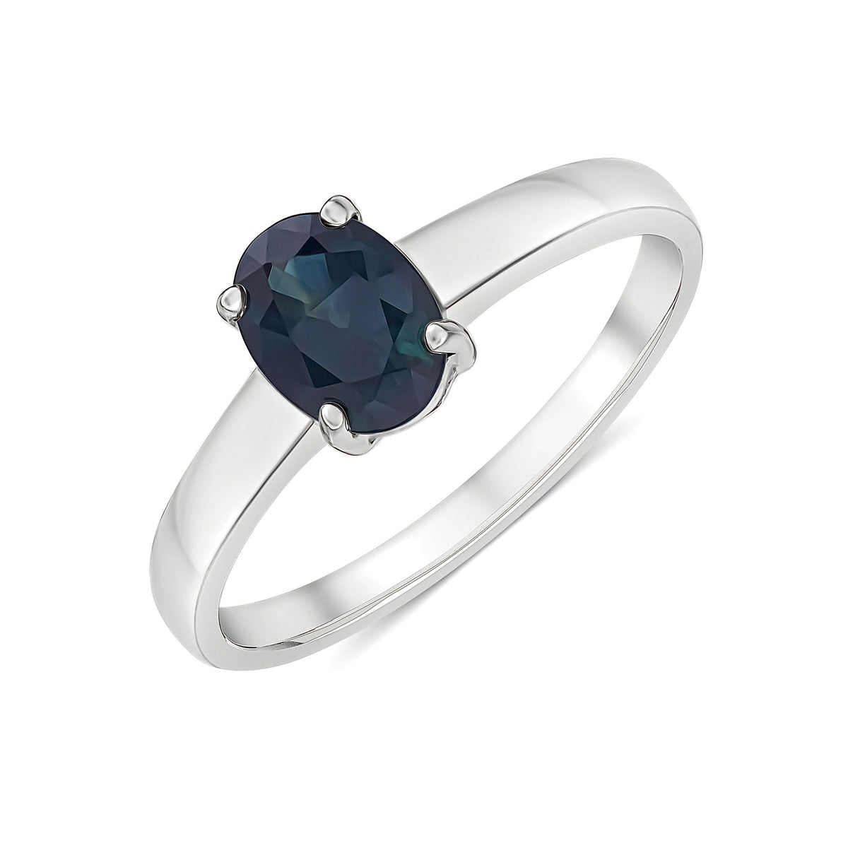 9CT WG 7X5MM OVAL SAPPHIRE CLAW SET SINGLE STONE RING