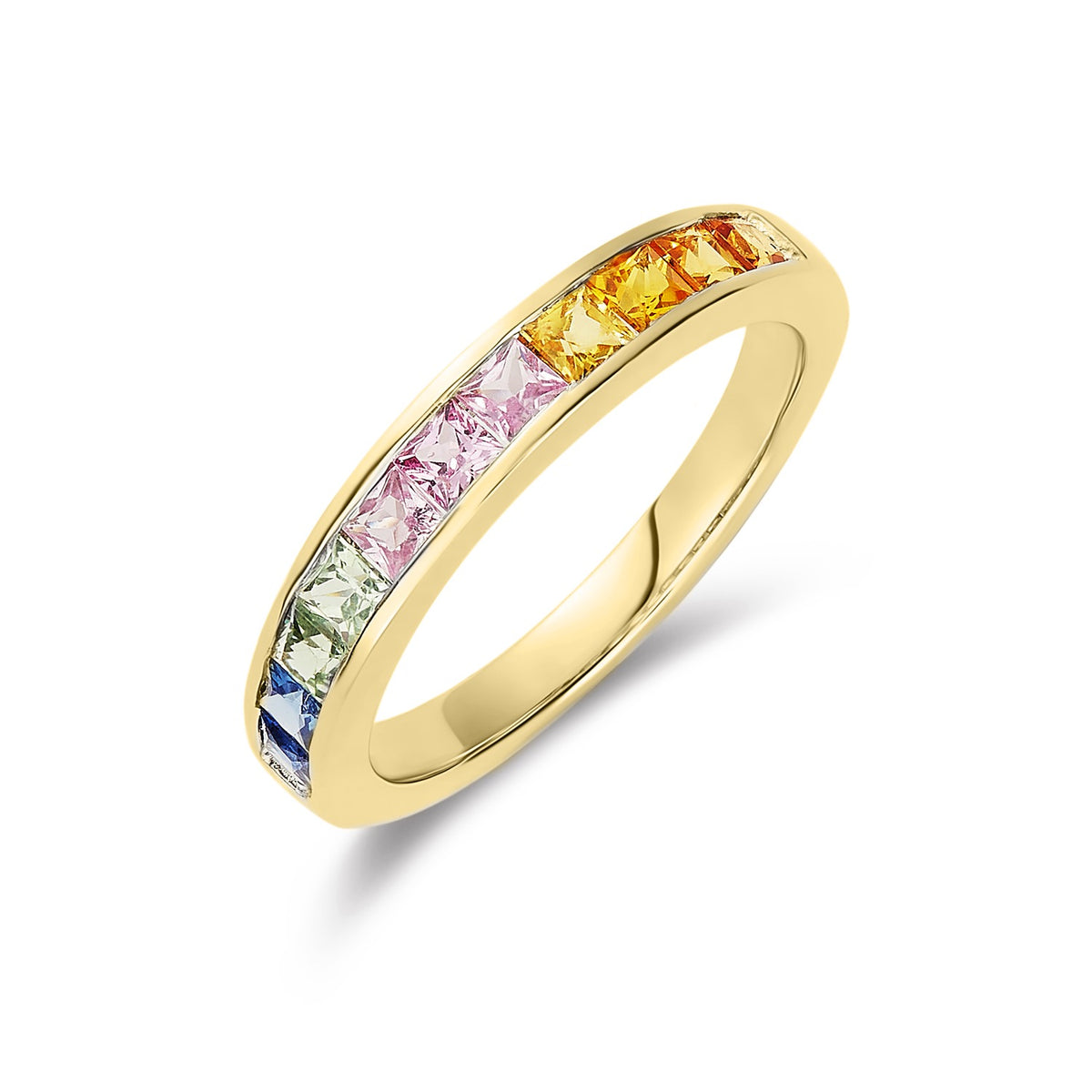 9CT YG SQUARE MULTI-SAPPHIRE CHANNEL 1/2 ETERNITY RING