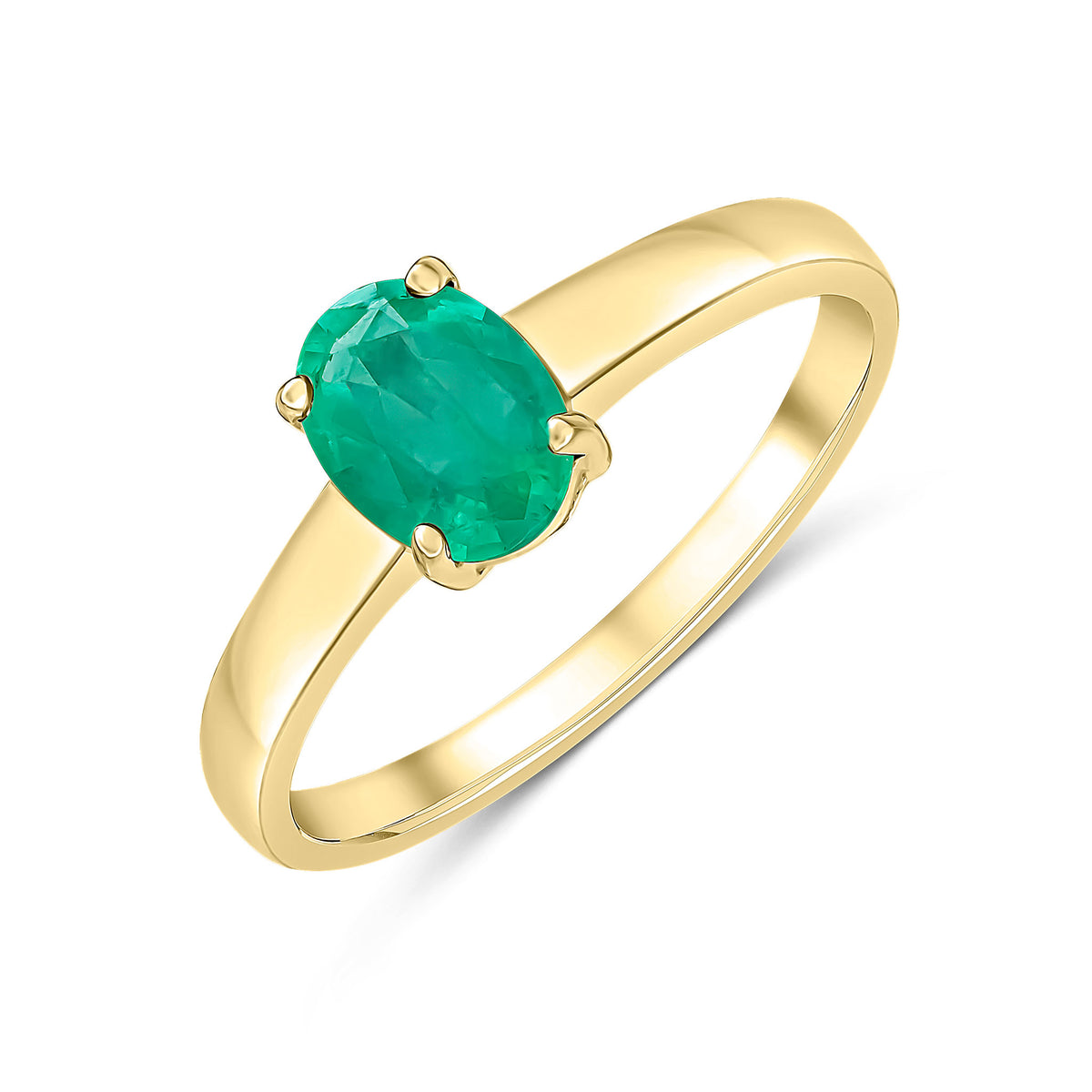 9CT YG 7X5MM OVAL EMERALD CLAW SET SINGLE STONE RING