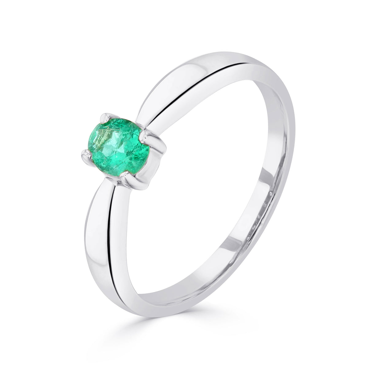 9CT WG 5X4MM OVAL EMERALD CLAW SET SINGLE STONE RING