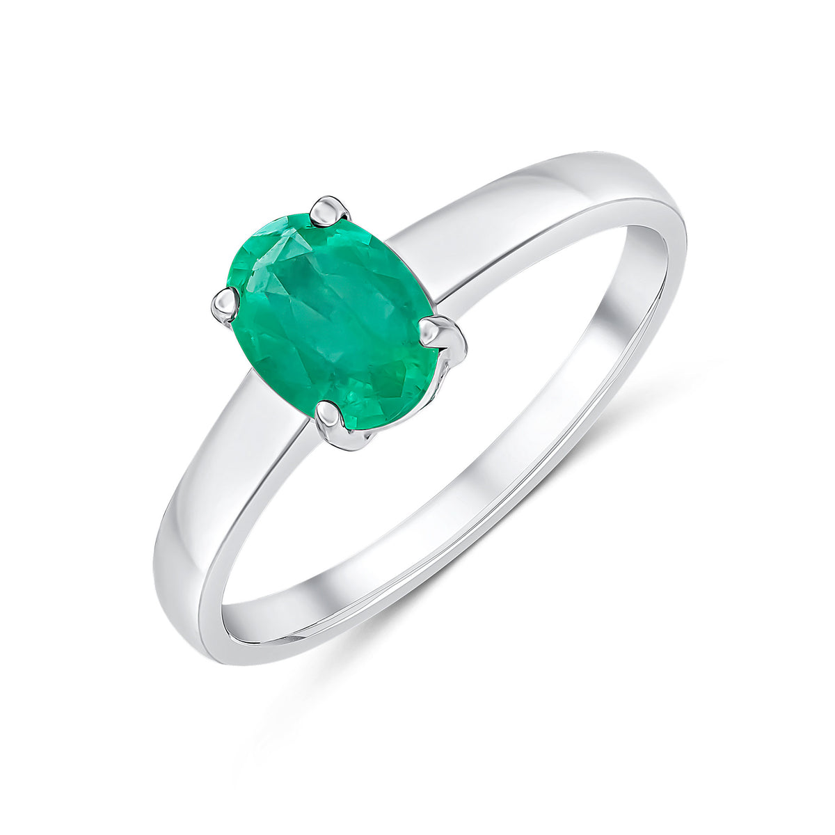 9CT WG 7X5MM OVAL EMERALD CLAW SET SINGLE STONE RING