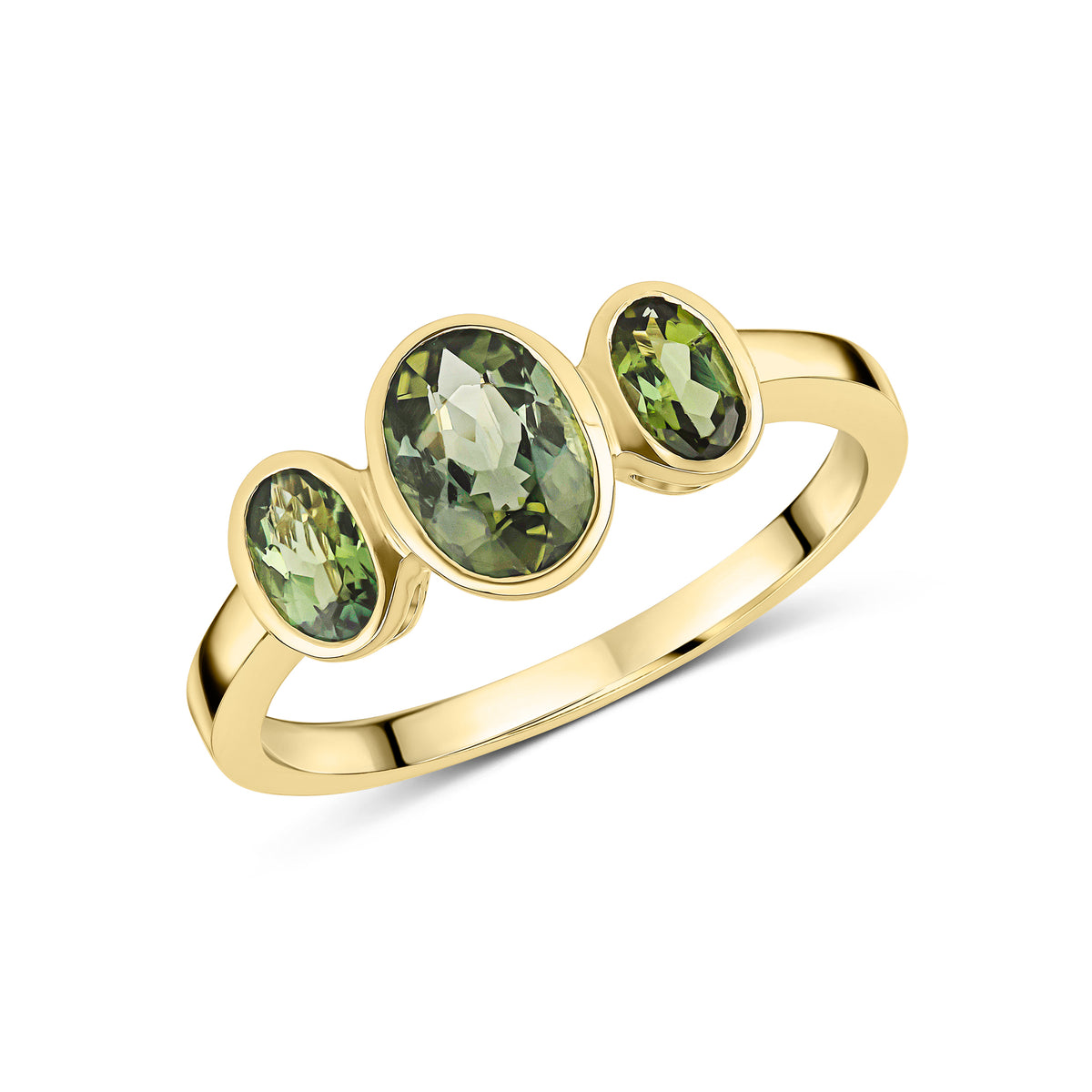 9CT YG OVAL GREEN TOURMALINE RUBOVER SET 3ST RING