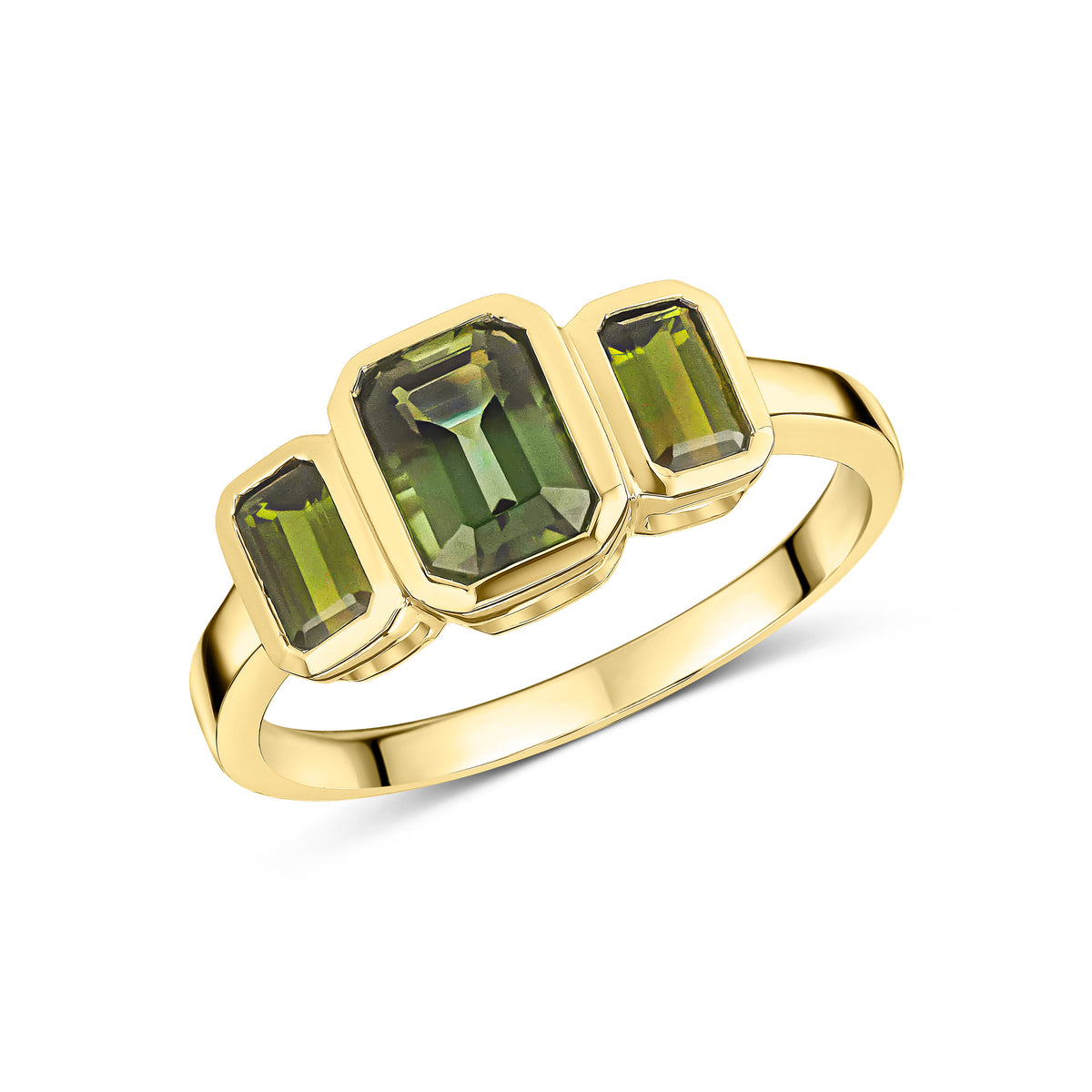 9CT YG OCTAGON GREEN TOURMALINE RUBOVER SET 3ST RING