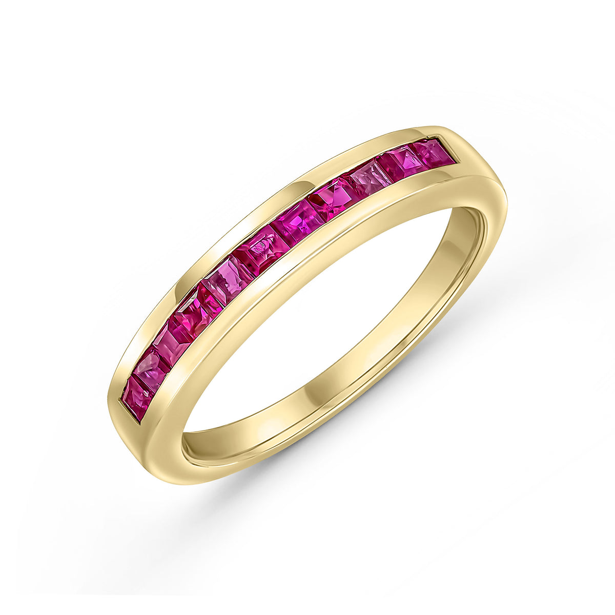 9CT YG SQUARE RUBY 11ST CHANNEL SET 1/2 ETERNITY RING