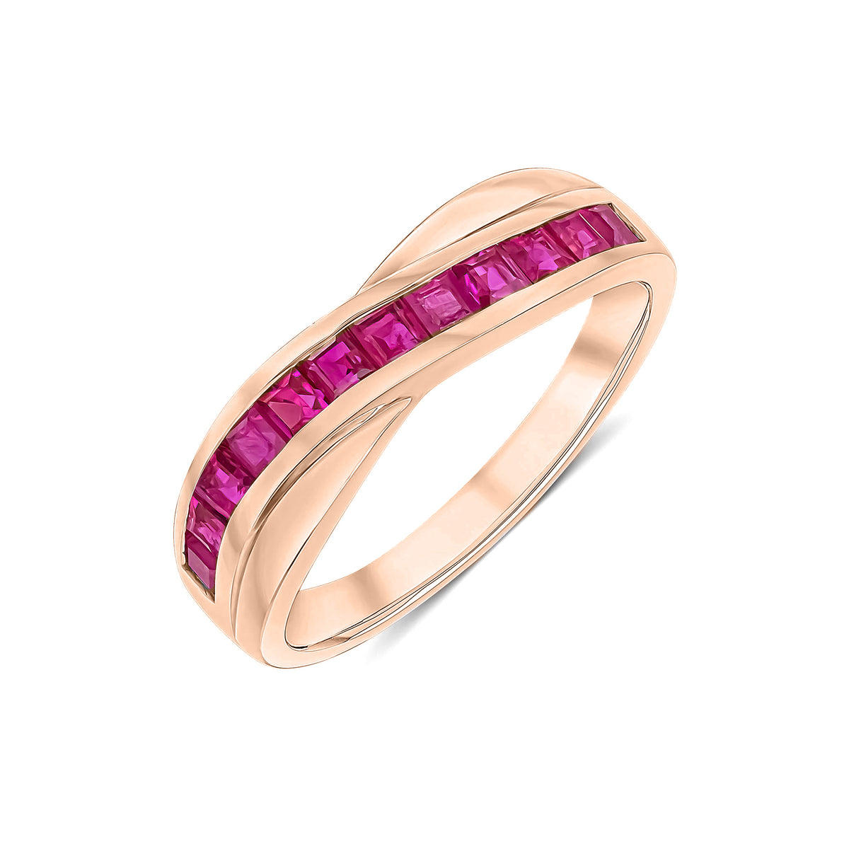 9CT ROSE GOLD SQUARE RUBY TWIST 12 STONE CHANNEL SET RING