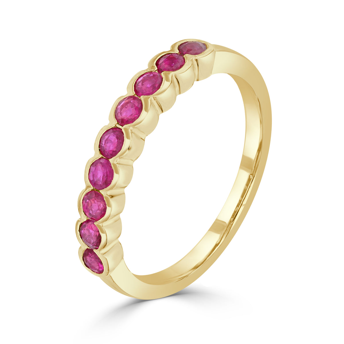 9CT YG ROUND RUBY 9ST SCALLOPED 1/2 ETERNITY RING