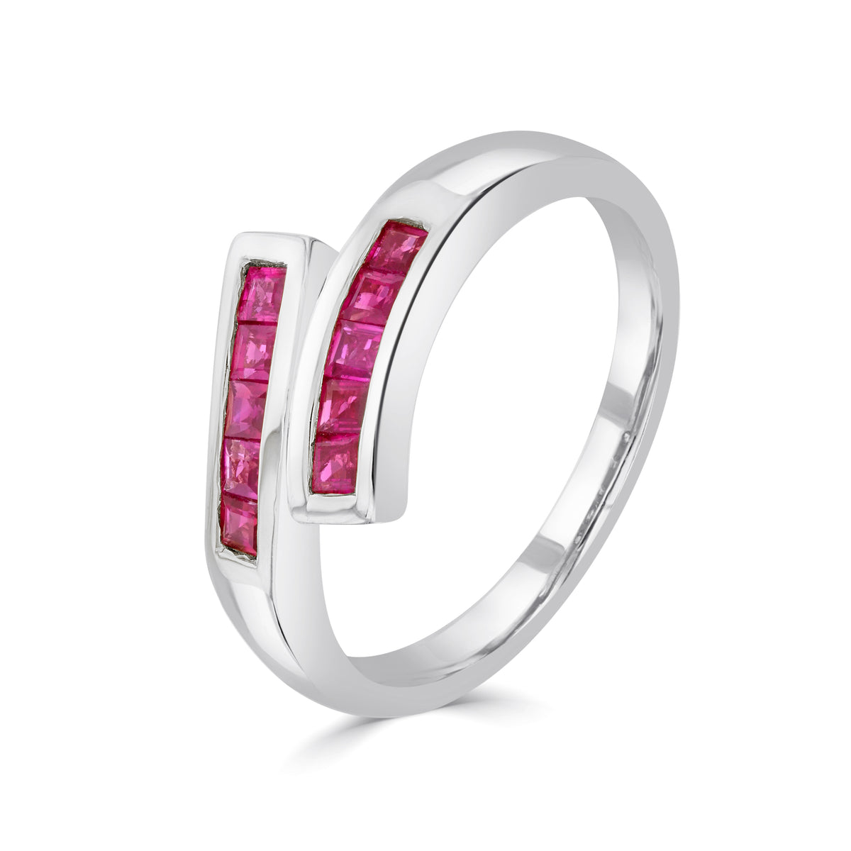9CT WG SQUARE RUBY CHANNEL SET CROSSOVER 1/2 ETERNITY RING