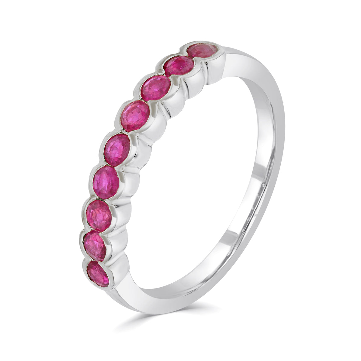 9CT WG ROUND RUBY 9ST SCALLOPED 1/2 ETERNITY RING
