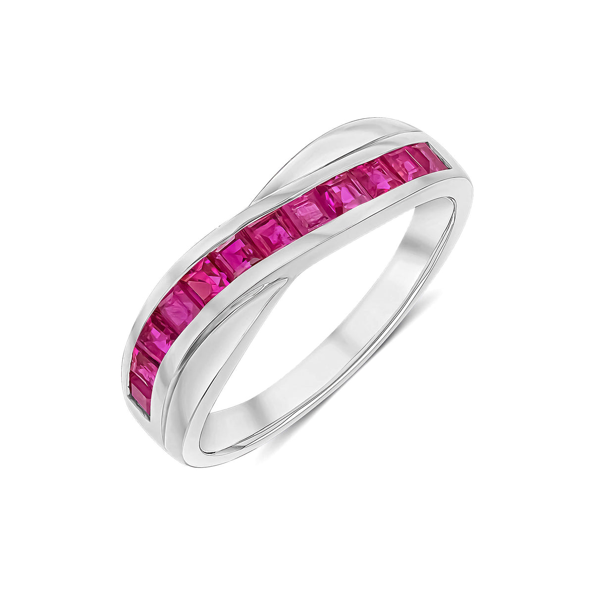 9CT WHITE GOLD SQUARE RUBY TWIST 1/2 ETERNITY RING