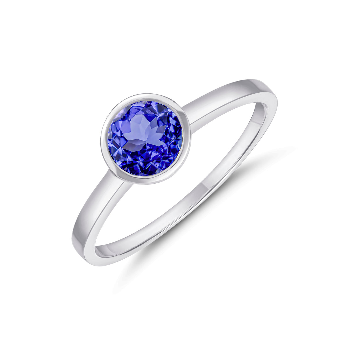 9CT WG 6MM ROUND TANZANITE RUBOVER SINGLE STONE RING
