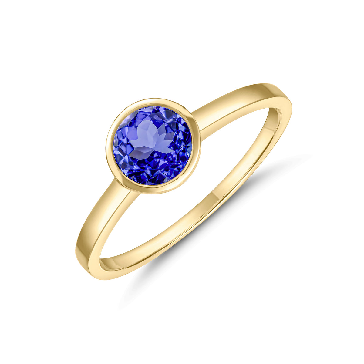 9CT YG 6MM ROUND TANZANITE RUBOVER SINGLE STONE RING