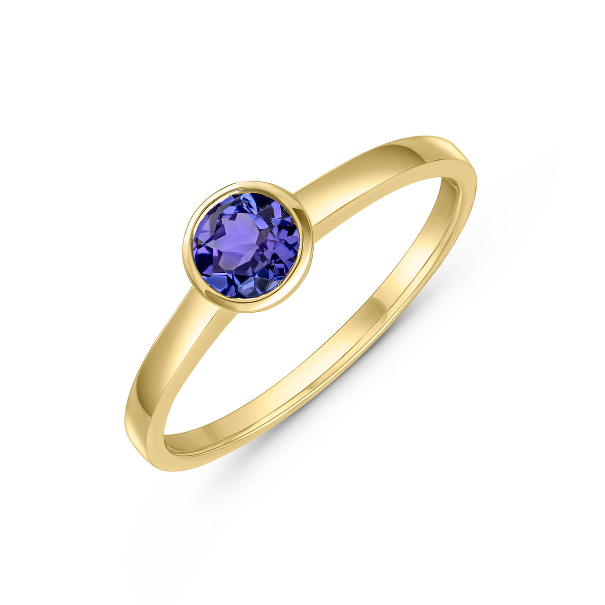 9CT YG 5MM ROUND TANZANITE RUBOVER SINGLE STONE RING