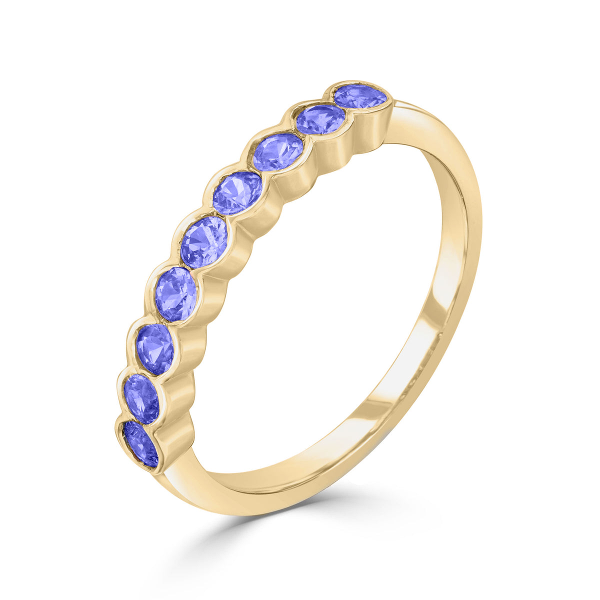 9CT YG ROUND TANZANITE 9ST SCALLOPED 1/2 ETERNITY RING