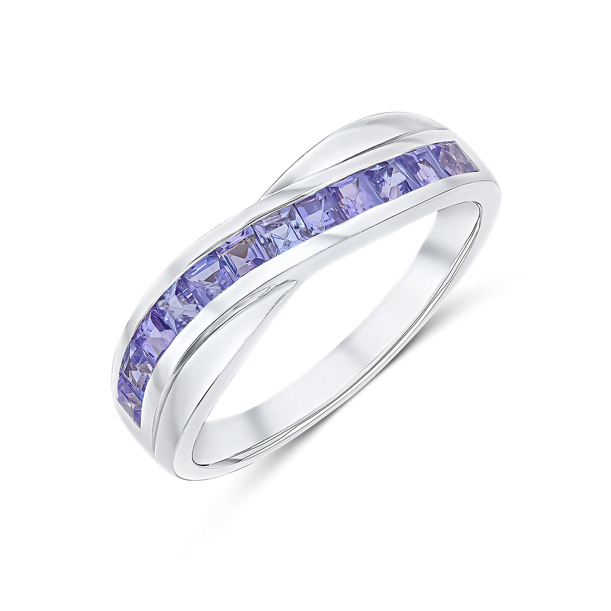 9CT WHITE GOLD SQUARE TANZANITE TWIST 12 STONE HALF ETERNITY RING