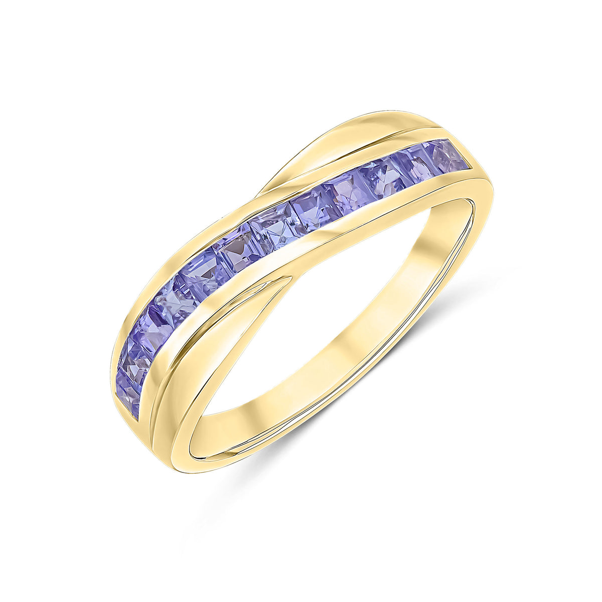 9CT YELLOW GOLD SQUARE TANZANITE TWIST 12 STONE HALF ETERNITY RING