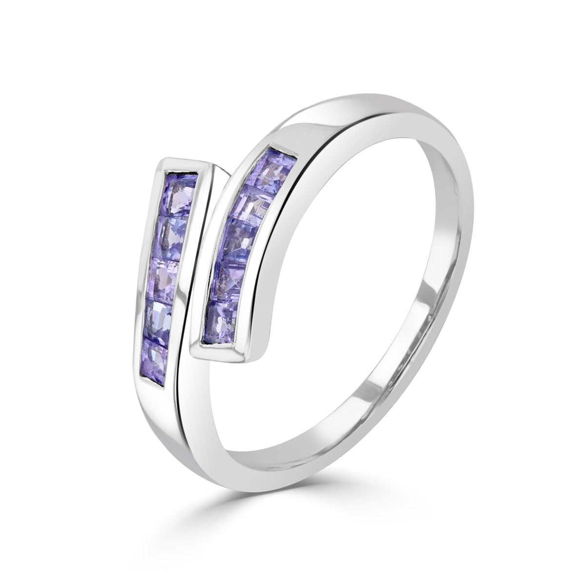 9CT WG SQUARE TANZANITE CHANNEL SET CROSSOVER 1/2 ETERNITY RING
