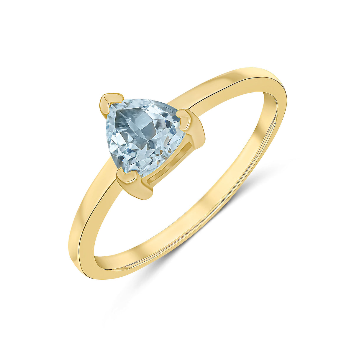 9CT YELLOW GOLD 6MM TRILLION AQUAMARINE SINGLE STONE CLAW RING