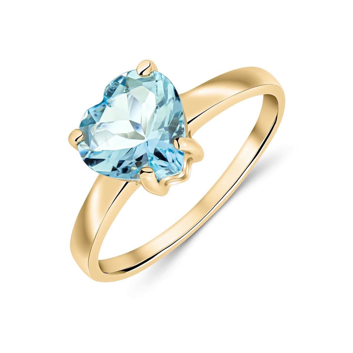 9CT YG 8MM HEART AQUA CLAW SET SINGLE STONE RING