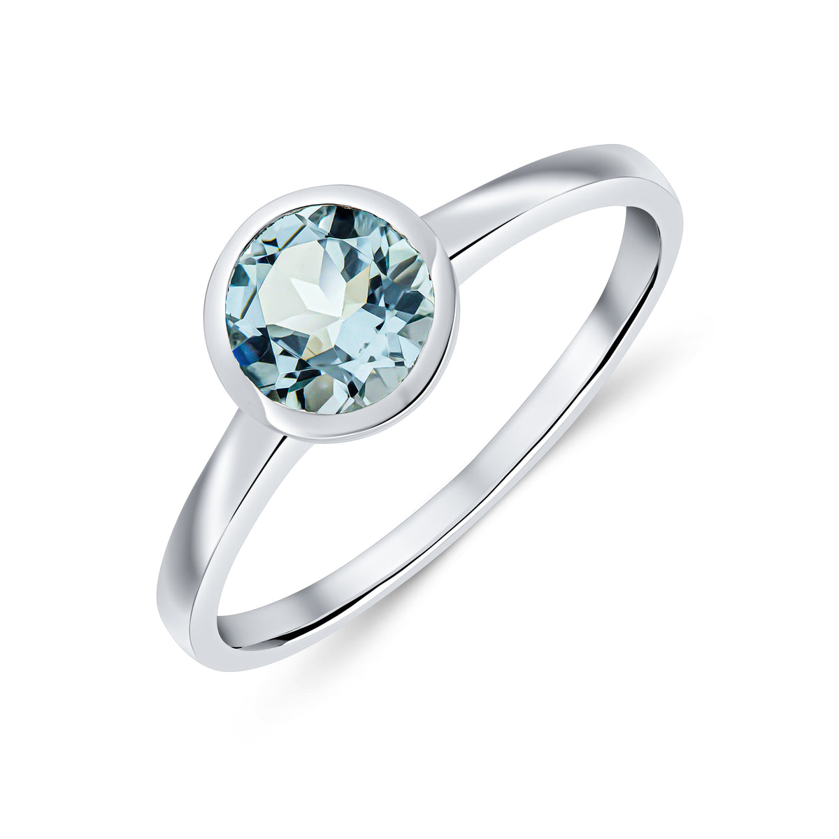 9CT WG 6MM ROUND AQUA RUBOVER SINGLE STONE RING
