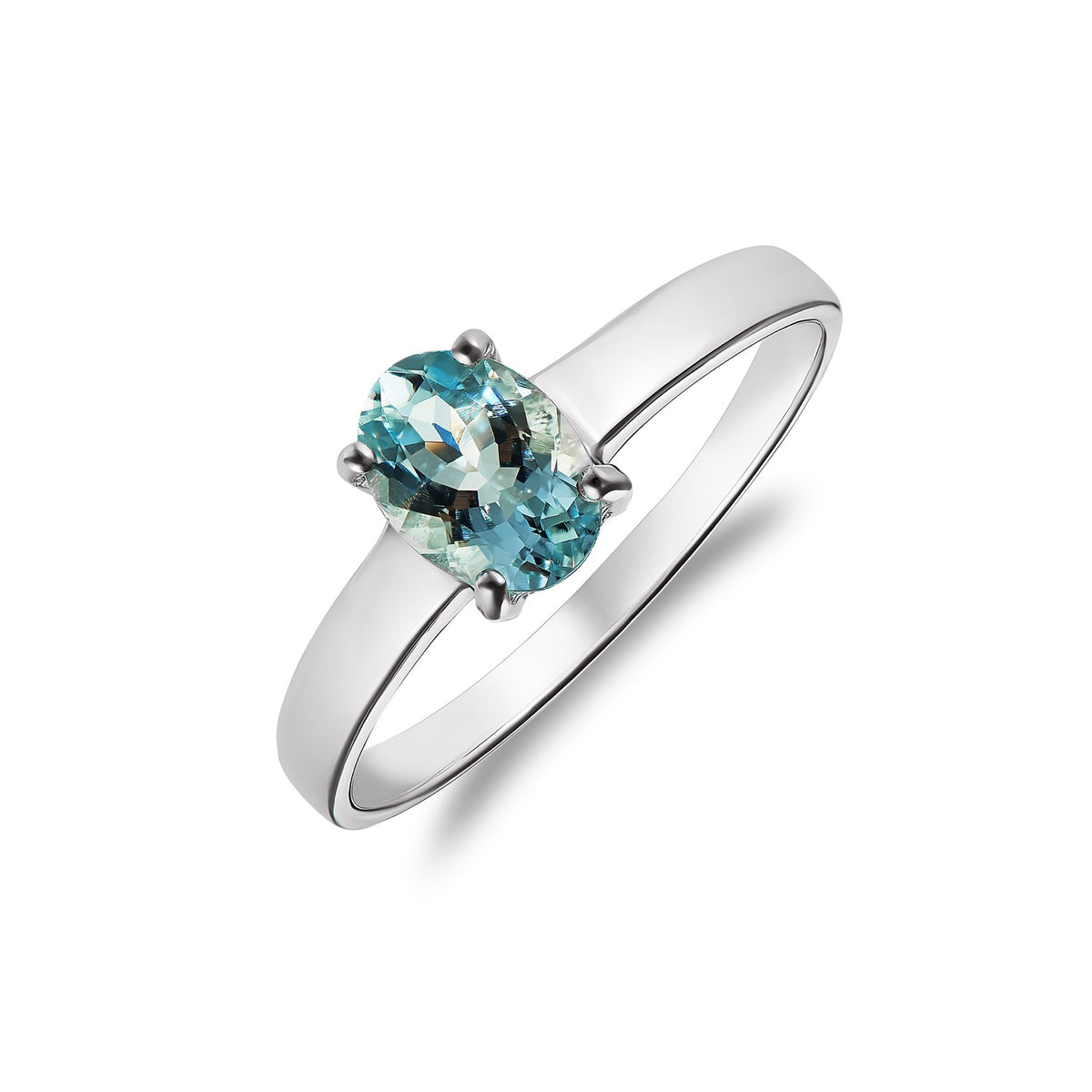 9CT WHITE GOLD 7X5MM OVAL AQUA 4 CLAW SINGLE STONE RING