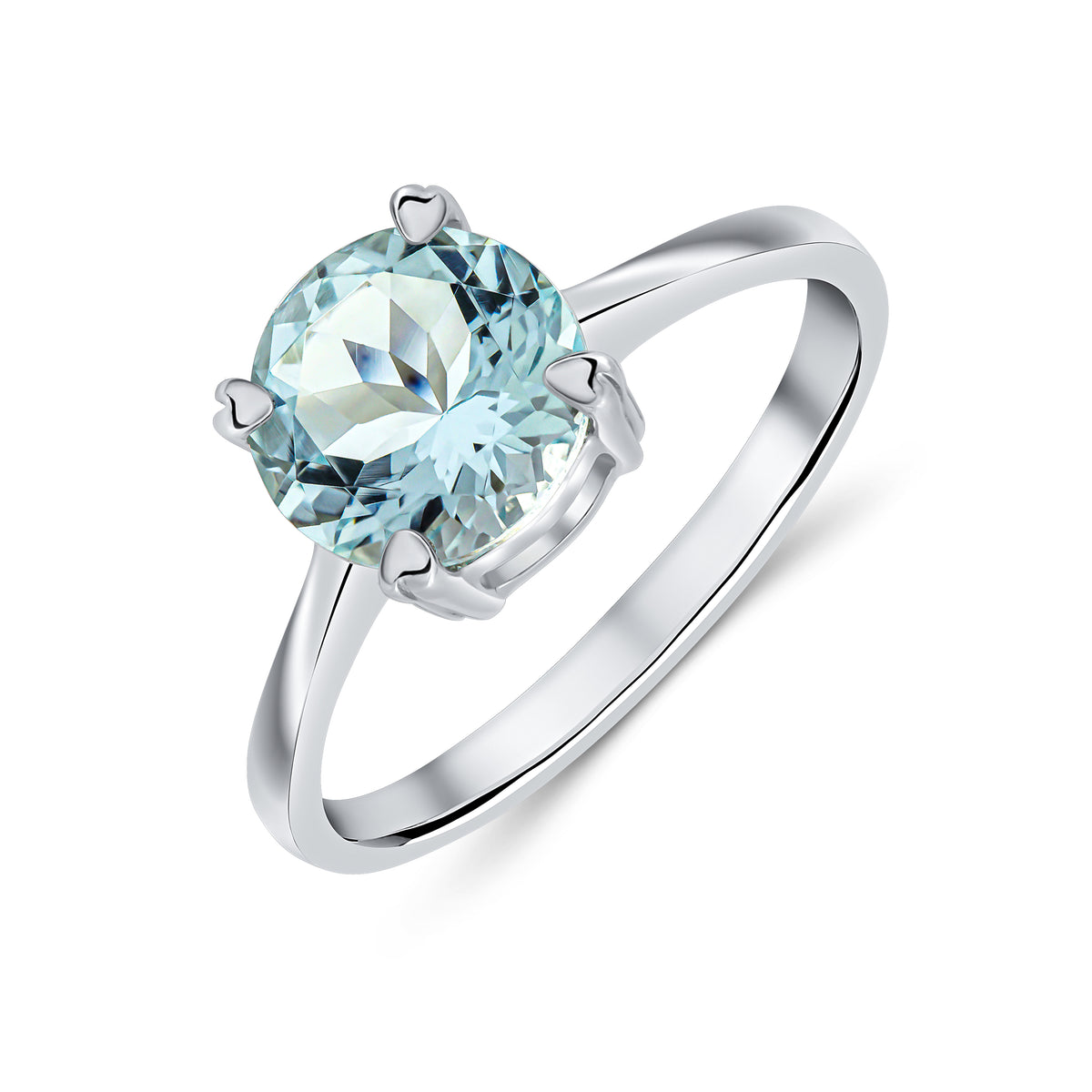 9CT WG 8MM ROUND AQUA SINGLE STONE CLAW RING