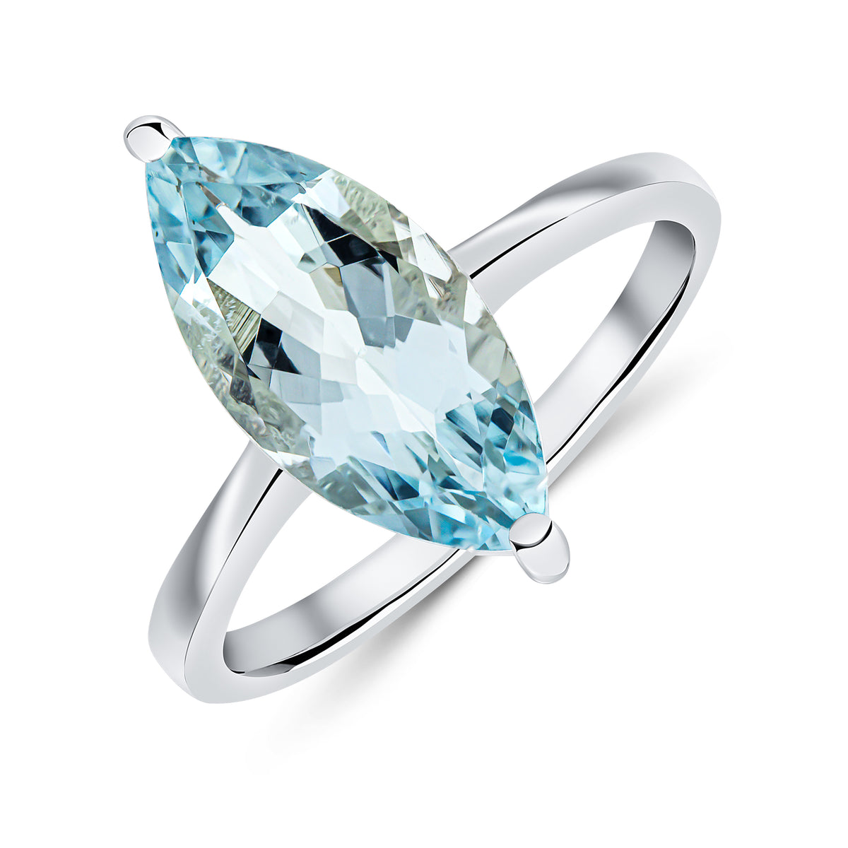 9CT WG 15X7MM MARQUISE AQUA CLAW SET SINGLE STONE RING