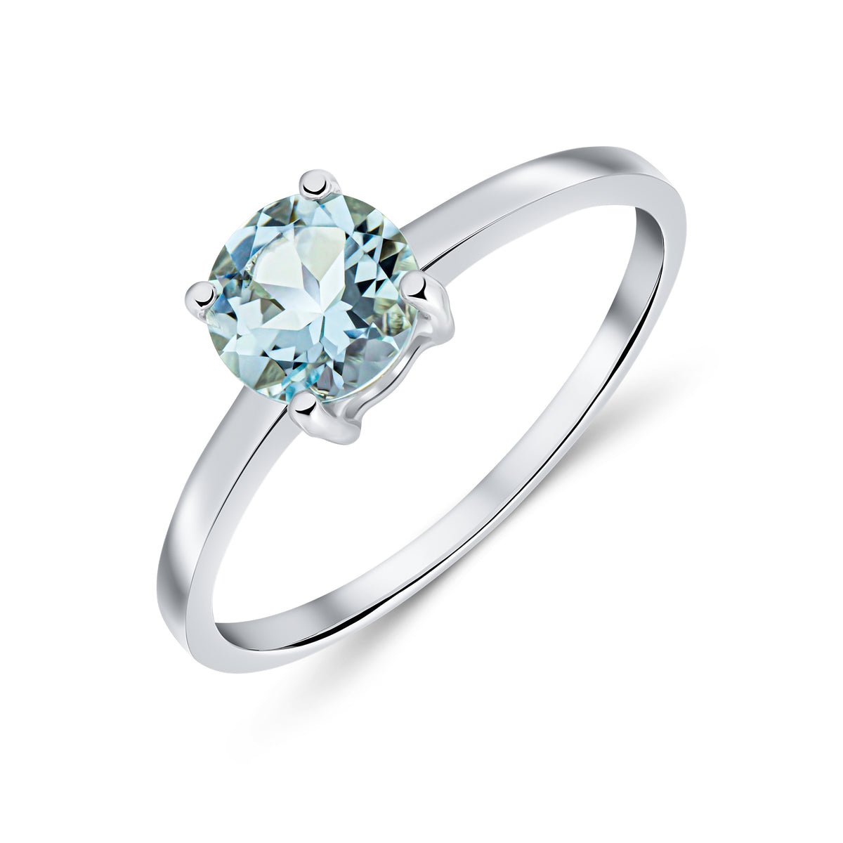 9CT WG 6MM ROUND AQUA 4 CLAW SINGLE STONE RING