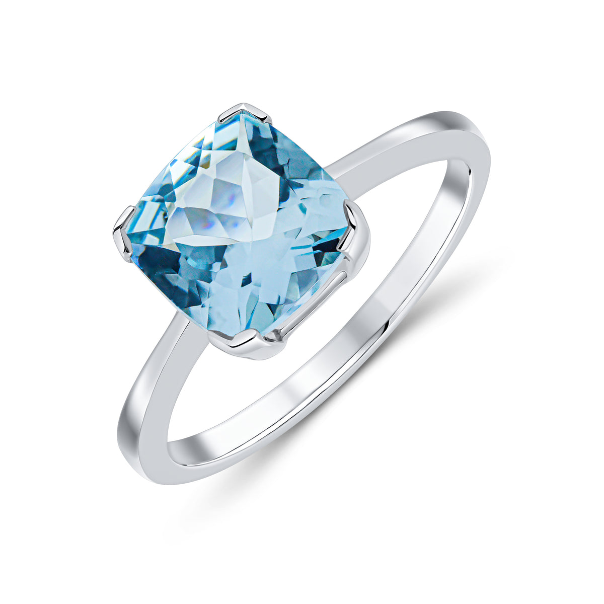 9CT WG 8MM CUSHION AQUA CLAW SET SINGLE STONE RING
