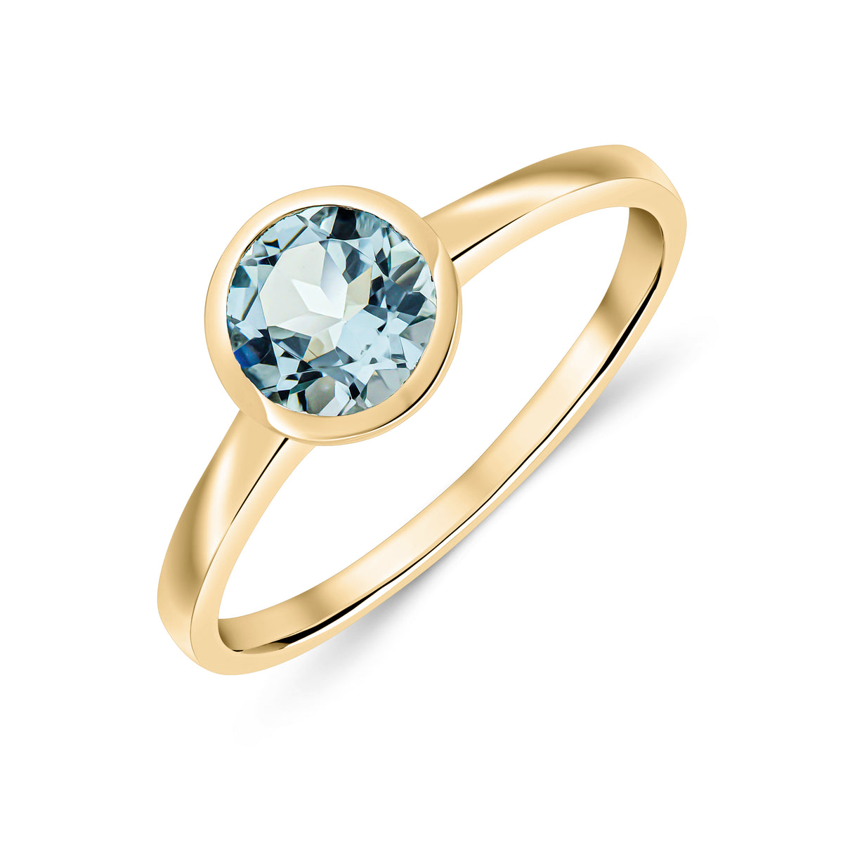 9CT YG 6MM ROUND AQUA RUBOVER SINGLE STONE RING