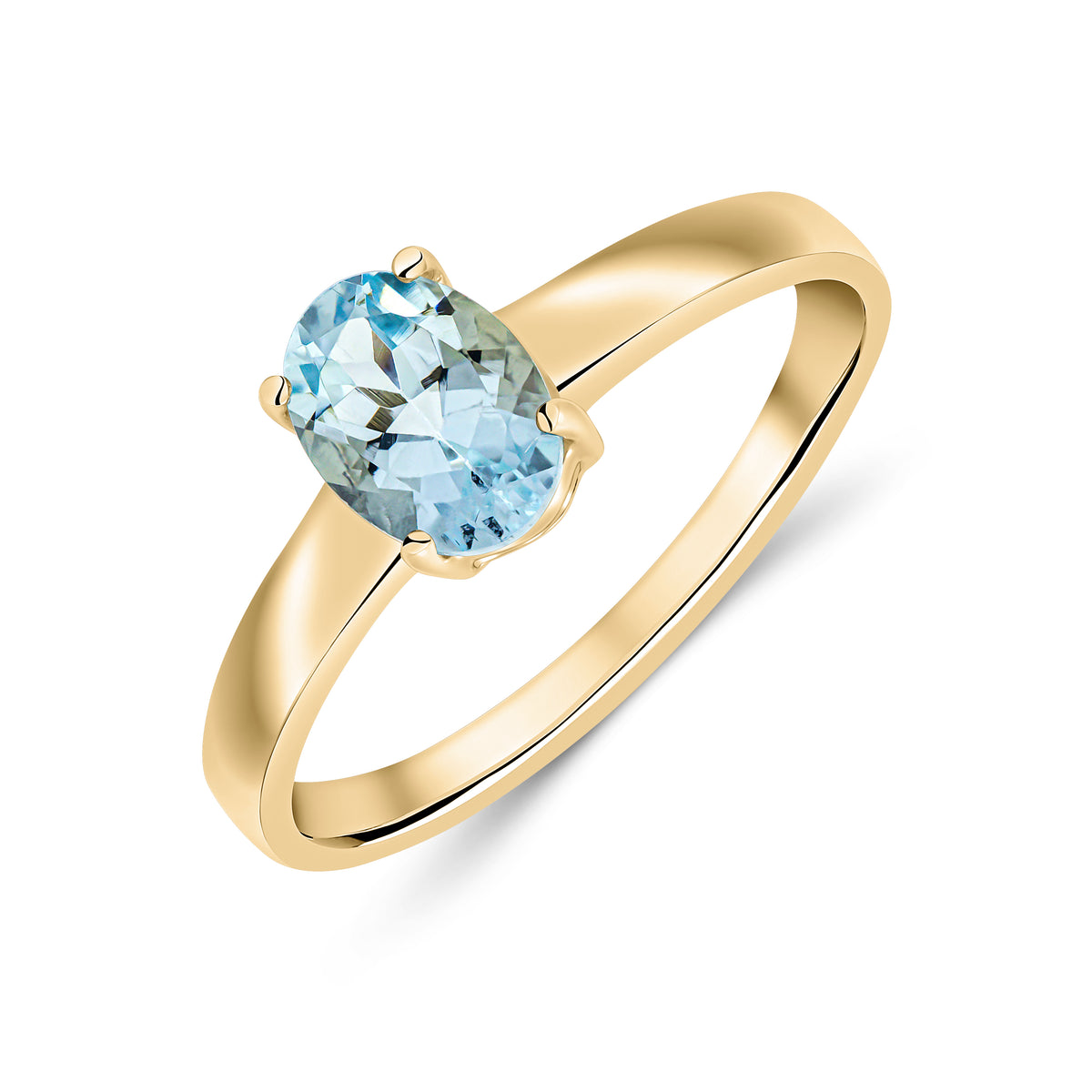 9CT YELLOW GOLD 7X5MM OVAL AQUA 4 CLAW SINGLE STONE RING