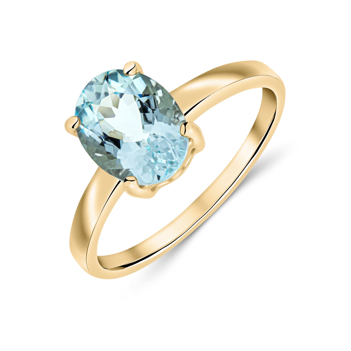 9CT YG 9X7MM OVAL AQUA CLAW SINGLE STONE RING