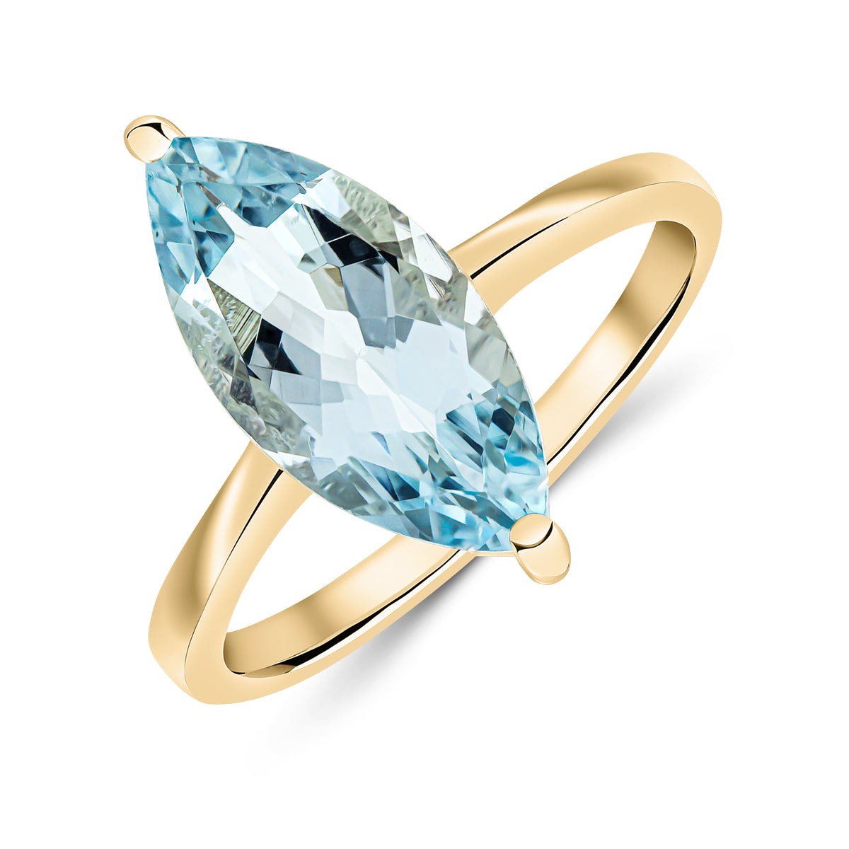 9CT YG 15X7MM MARQUISE AQUA CLAW SET SINGLE STONE RING