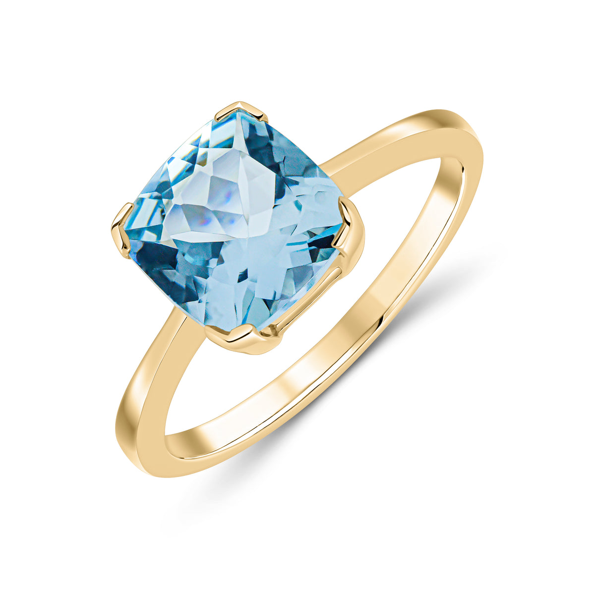 9CT YG 8MM CUSHION AQUA CLAW SET SINGLE STONE RING