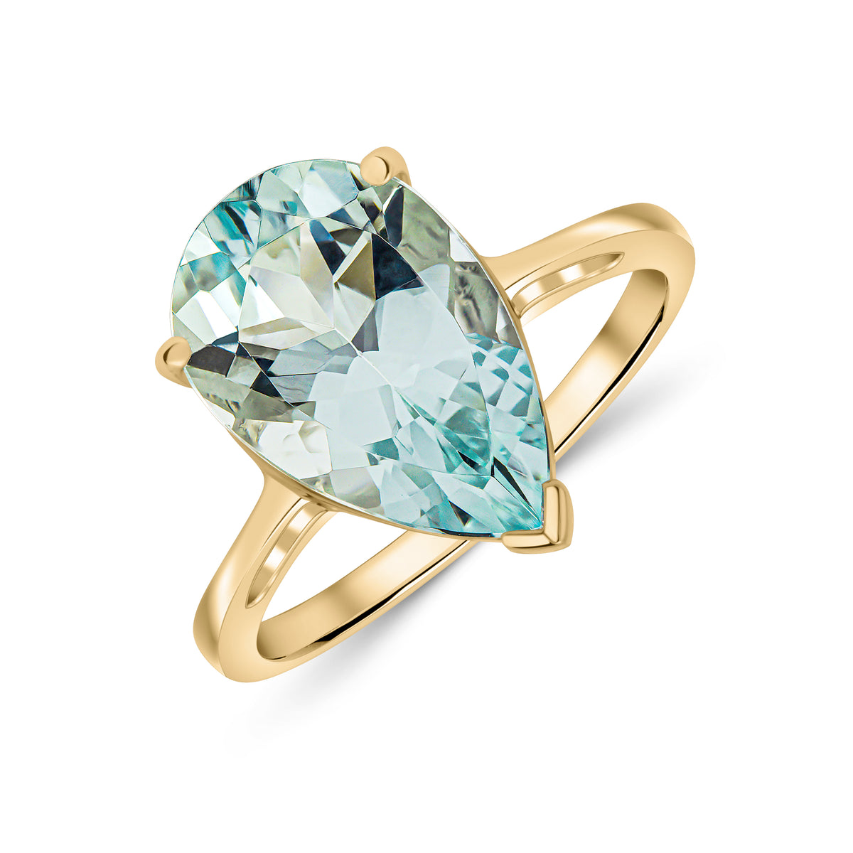 9CT YG 14X9 PEARSHAPE AQUA CLAW SET SINGLE STONE RING