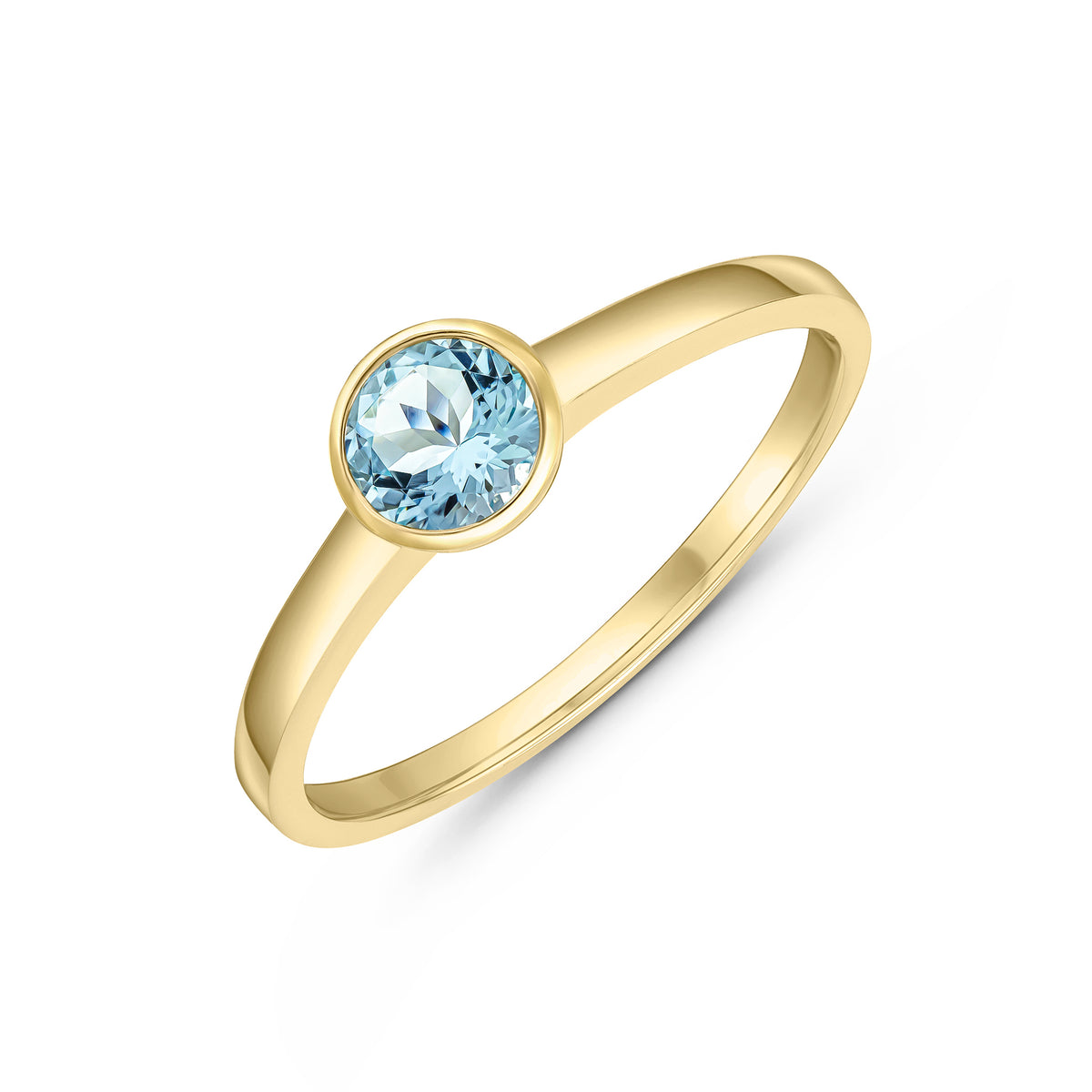 9CT YG 5MM ROUND AQUA RUBOVER SINGLE STONE RING