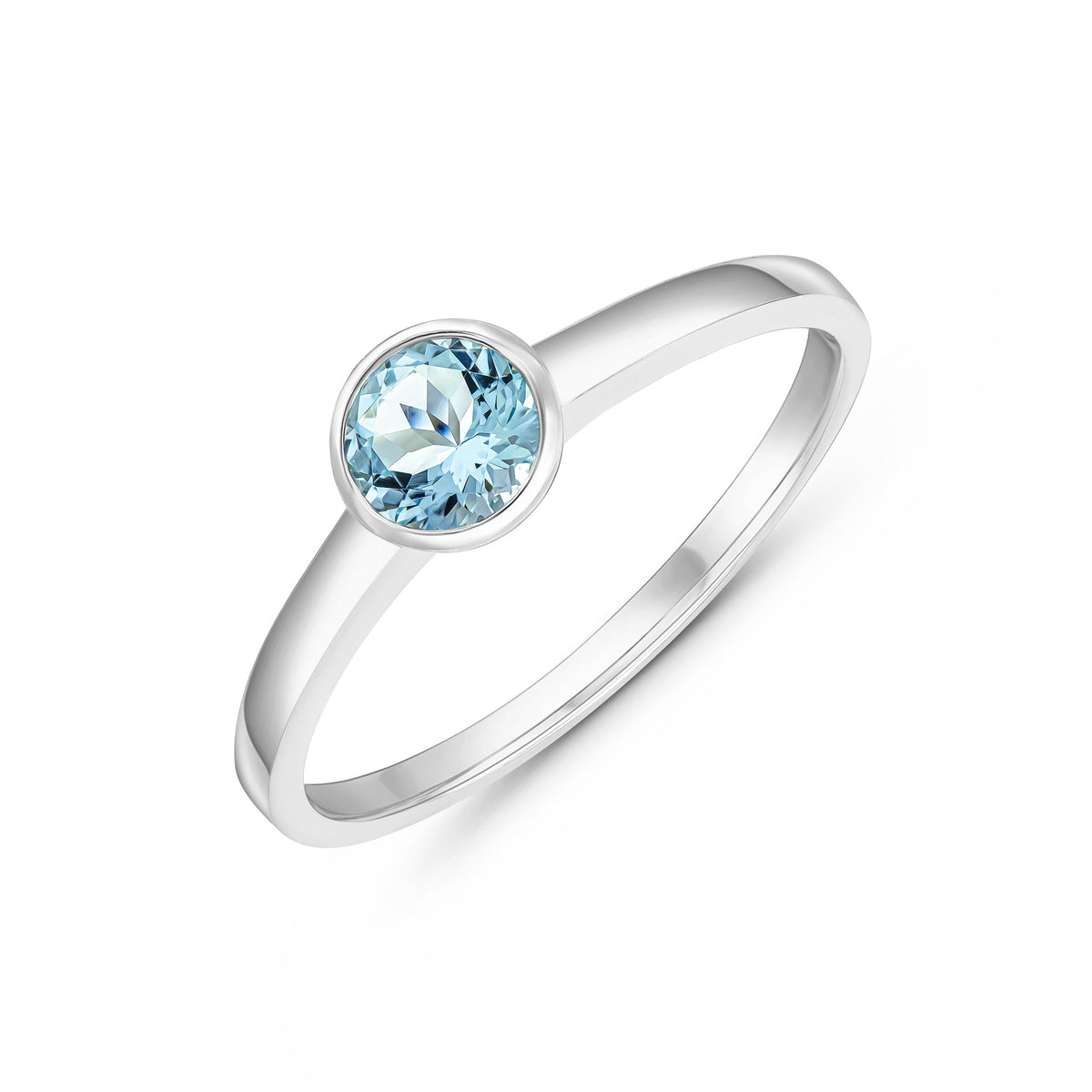 9CT WG 5MM ROUND AQUA RUBOVER SINGLE STONE RING