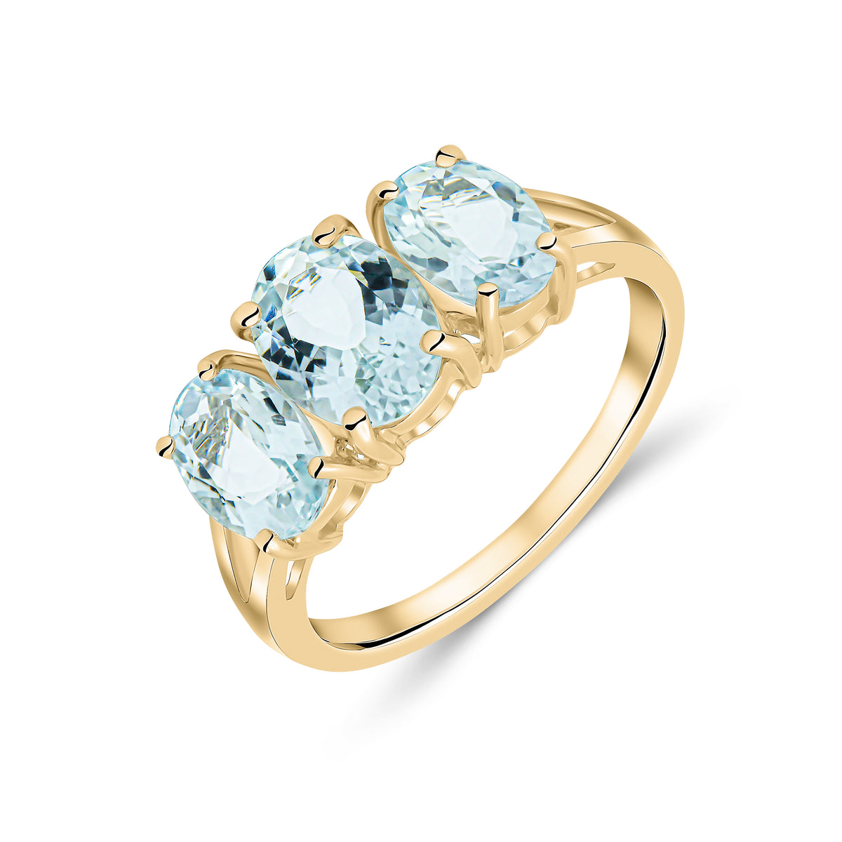 9CT YG OVAL AQUA CLAW SET 3ST RING WITH SPLIT SHOULDERS