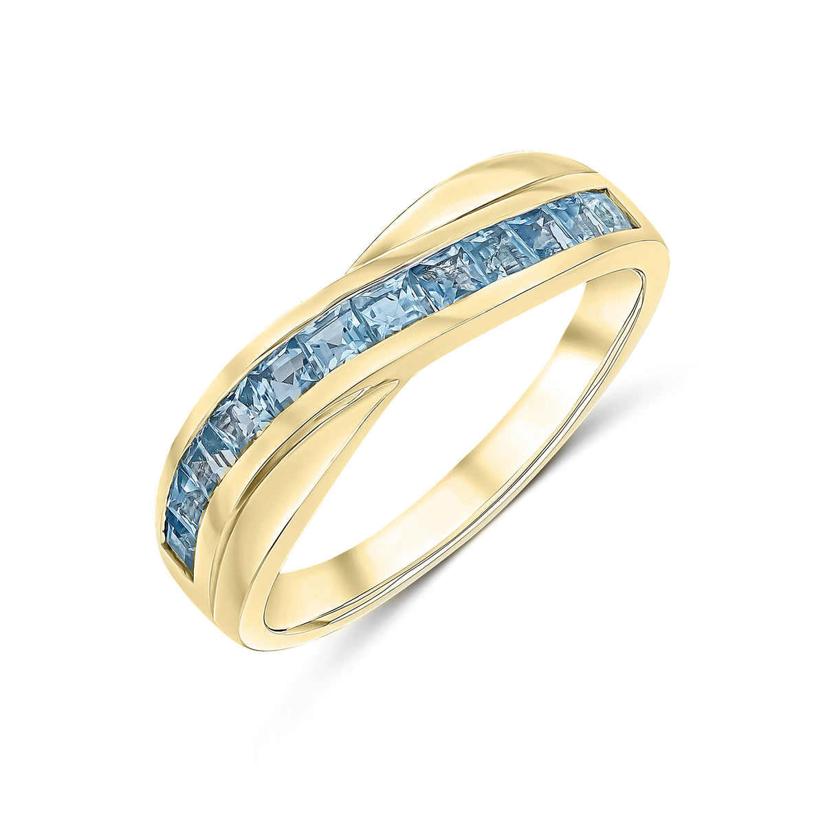 9CT YELLOW GOLD SQUARE AQUAMARINE 12 STONE TWIST ETERNITY RING