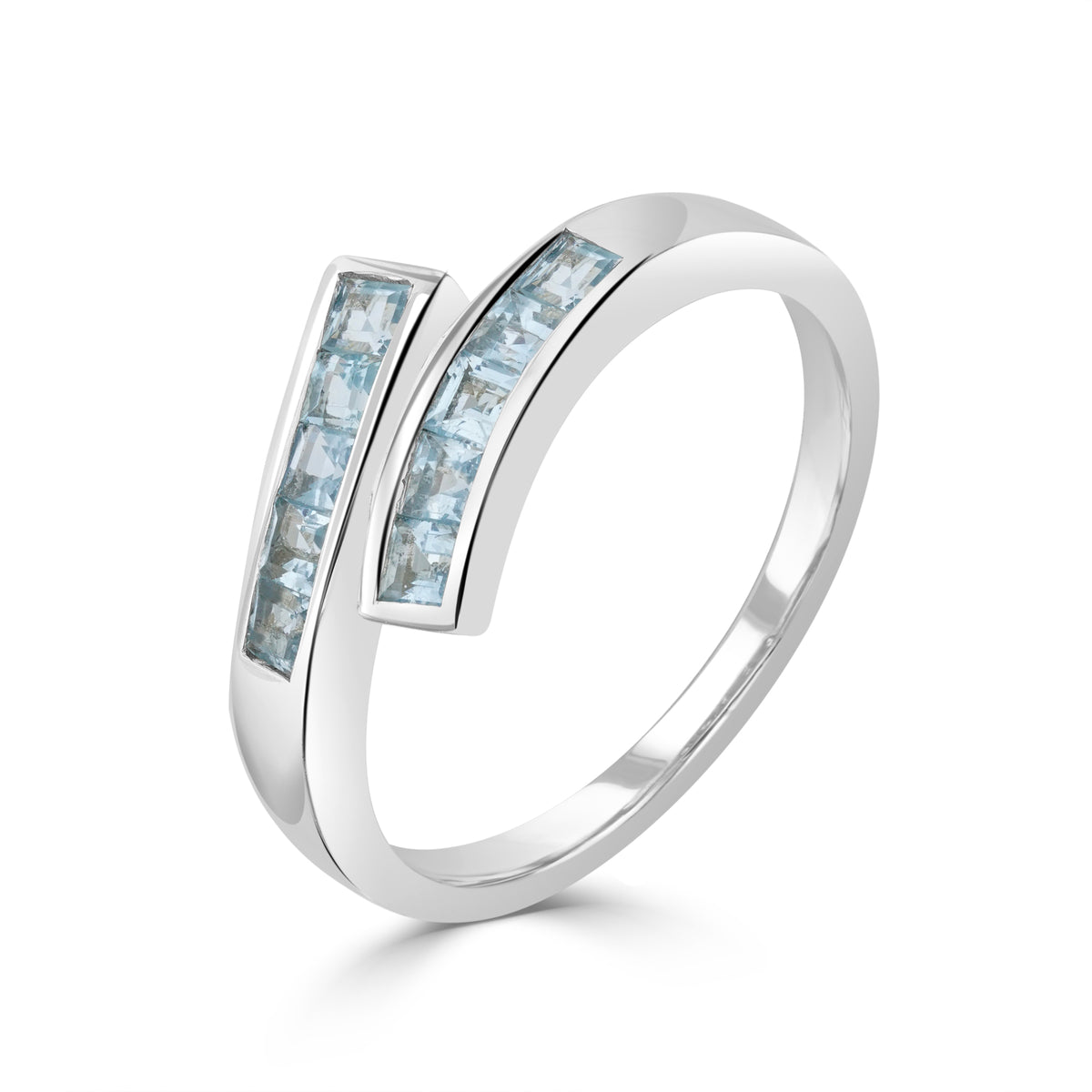 9CT WG SQUARE AQUA CHANNEL SET CROSSOVER 1/2 ETERNITY RING