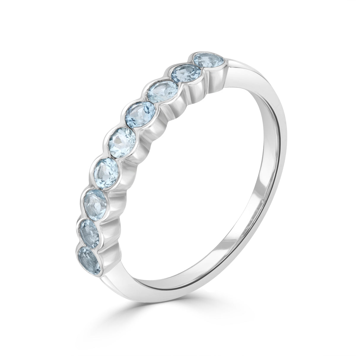 9CT WG ROUND AQUA SCALLOPED EDGE 9ST HALF ETERNITY RING