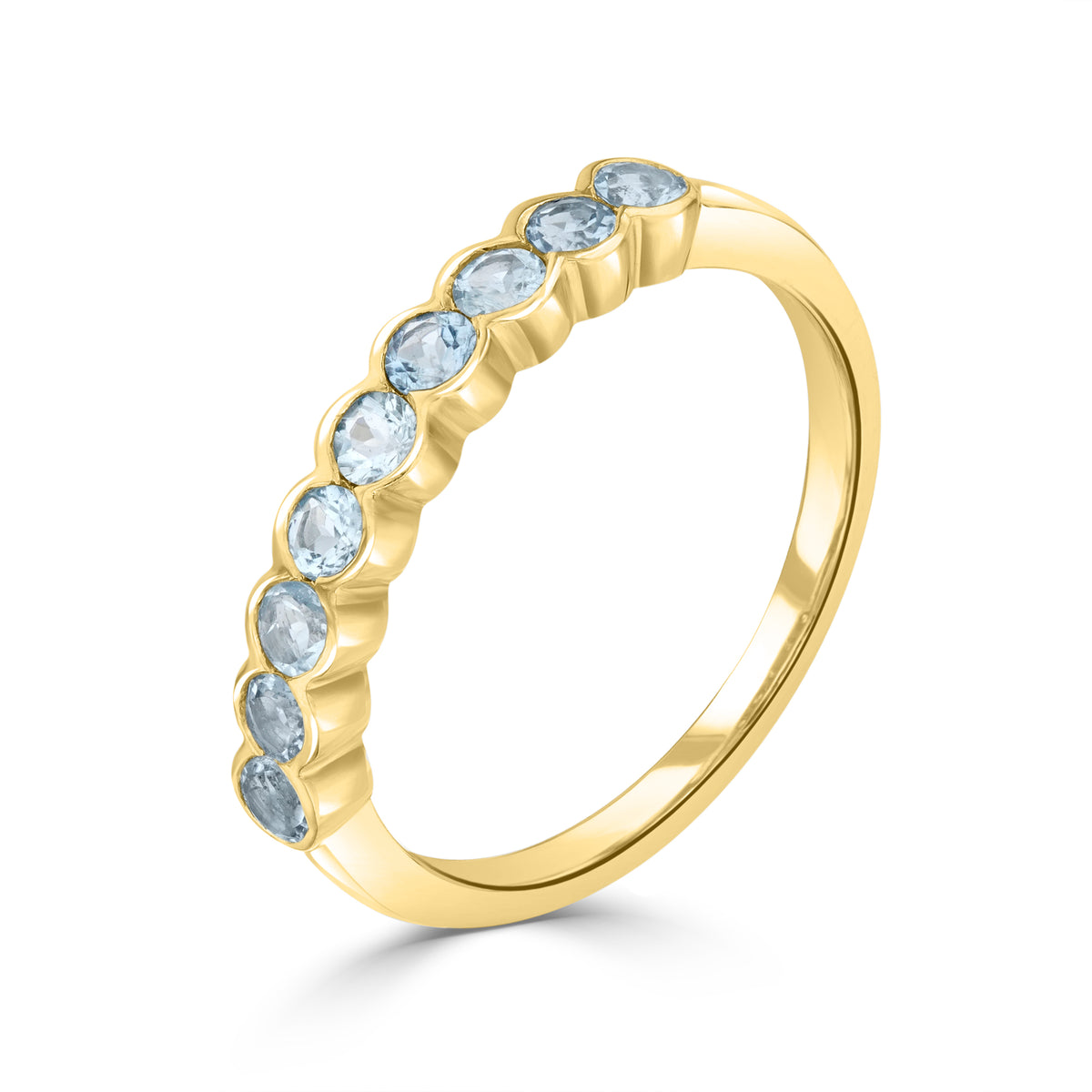 9CT YG ROUND AQUA SCALLOPED EDGE 9ST HALF ETERNITY RING